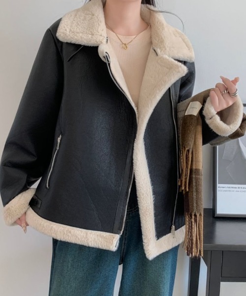 ABITOKYO（アビトーキョー）の「ボアドッキングフェイクレザーブルゾン（ブルゾン・レディース・アイボリー/ブラック/ブラック系その他/モカ・FREE）」の8枚目の写真