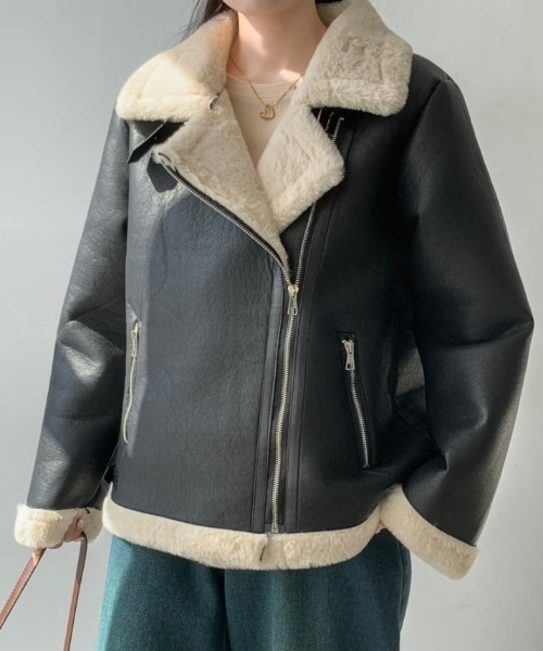 ABITOKYO（アビトーキョー）の「ボアドッキングフェイクレザーブルゾン（ブルゾン・レディース・アイボリー/ブラック/ブラック系その他/モカ・FREE）」の6枚目の写真