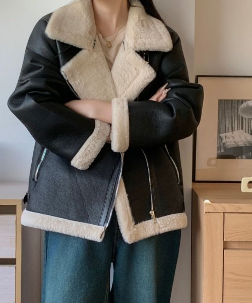 ABITOKYO（アビトーキョー）の「ボアドッキングフェイクレザーブルゾン（ブルゾン・レディース・アイボリー/ブラック/ブラック系その他/モカ・FREE）」の20枚目の写真