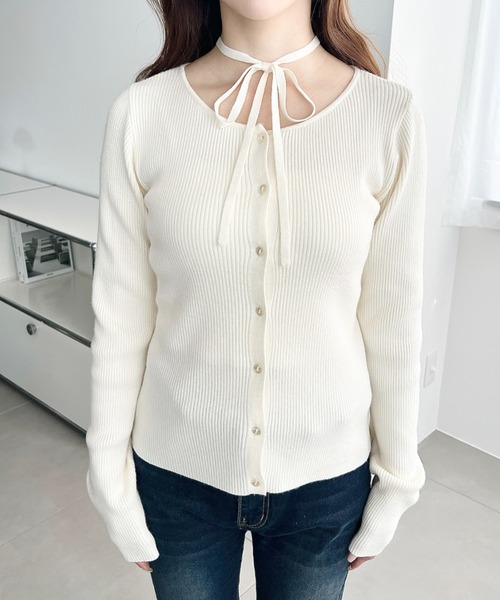 セール】チョーカー付きクルーネックリブニットカーディガン