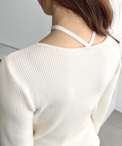 セール】チョーカー付きクルーネックリブニットカーディガン