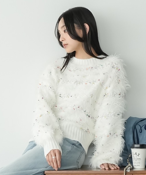 mili an deni（ミリアンデニ）の「ミックスヤーンシャギーニットプルオーバー（ニット/セーター・レディース・オフホワイト/ブラック・M）」の2枚目の写真