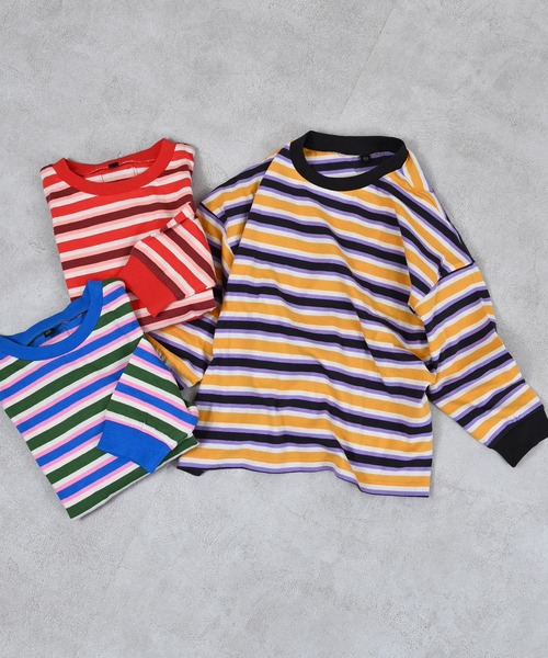 MARKEY'S（マーキーズ）の「先染めマルチボーダーロンティー（Tシャツ/カットソー・キッズ・グリーン系その他/レッド系その他/イエロー系その他・80/90/95/100/110/120/130/140/150）」の4枚目の写真