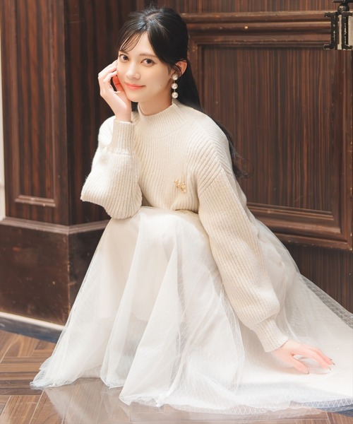 WILLSELECTION（ウィルセレクション）の「ブローチ付きクロップドラメニット（ニット/セーター・レディース・ピンク/オフホワイト/ブラック/サックスブルー/ミント・FREE）」の16枚目の写真