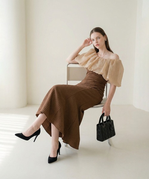 Leja 2WAYオフショルダーパフスリーブマーメイドワンピースドレス　結婚式 セール】【LEJA】2WAYオフショルダーパフスリーブマーメイドワンピース