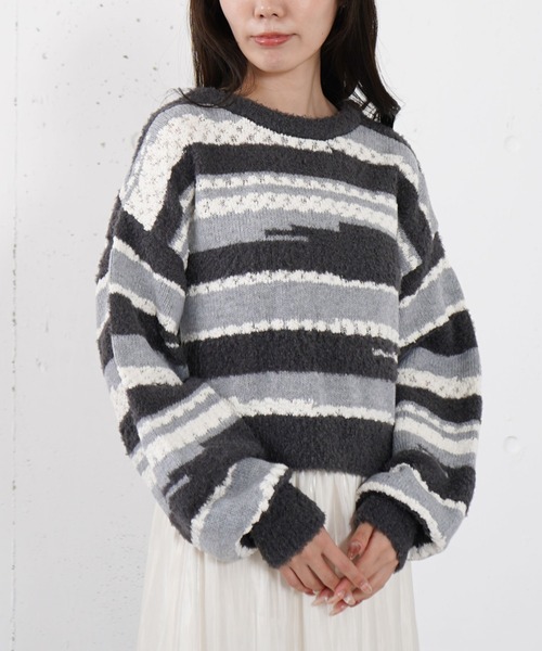 archives(アルシーヴ)の「ミックスヤーンランダムボーダーニットプルオーバー(ニット/セーター・レディース・チャコールグレー/ブルー/アイボリー・MEDIUM)」の1枚目の写真