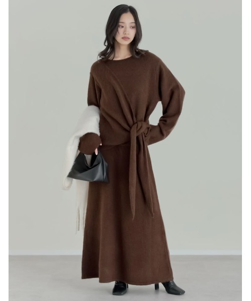 [2点セット][セットアップ][手洗い可能][低身長サイズ有]カシミヤタッチカシュクールニットトップス×スカート