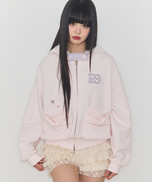 ILLIGO ジップパーカー ピンク S チェックボウポケットフードジップアップベビーピンク（パーカー