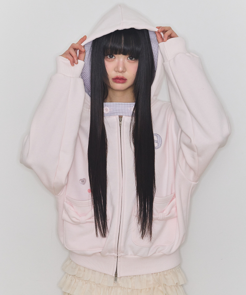 ILLIGO（イリゴ）の「チェックボウポケットフードジップアップベビーピンク（パーカー・レディース・ピンク・OS）」の2枚目の写真