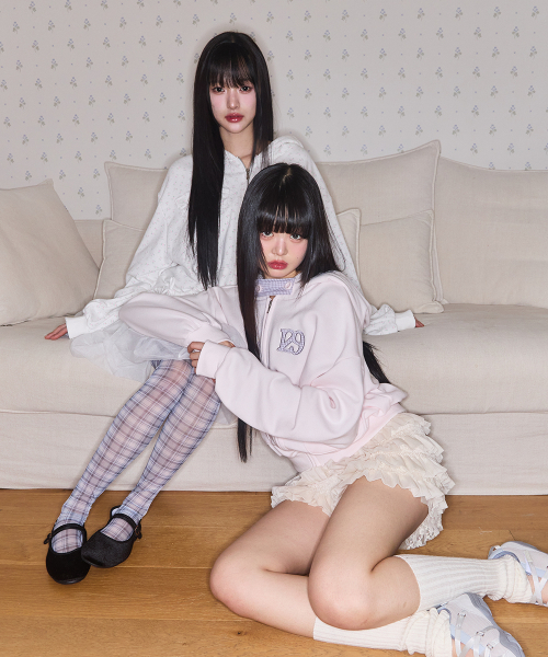 チェックボウポケットフードジップアップベビーピンク（パーカー