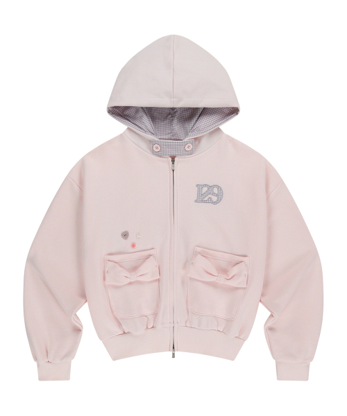 チェックボウポケットフードジップアップベビーピンク（パーカー