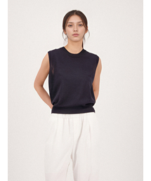 Linen Round Neck Sleeveless Knit _Navy
