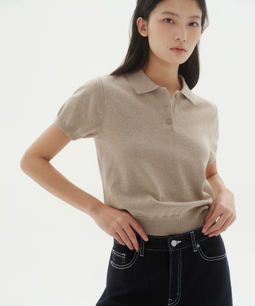 MUSINSA STANDARD WOMAN（ムシンサスタンダードウーマン）の「ウィメンズウォッシャブルスーピマコットンニットポロシャツ[ヘッダーライトベージュ]（ニット/セーター・レディース・その他・SMALL/MEDIUM/LARGE/X-SMALL）」の4枚目の写真