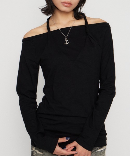 LAGUA GEM(ラグアジェム)の「HALTER NECK CUT チュニック(Tシャツ/カットソー・レディース・ブラック/カーキ/ホワイト・FREE)」の1枚目の写真