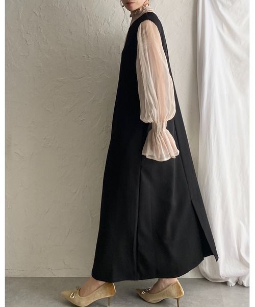She's Closet(シーズクローゼット)の「深Vネックフロントタック ロングジャンパースカートワンピース(ワンピース・レディース・グレー/ブラック/アイボリー・FREE/SHORT)」の7枚目の写真