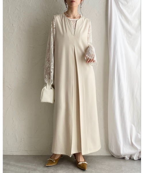 She's Closet(シーズクローゼット)の「深Vネックフロントタック ロングジャンパースカートワンピース(ワンピース・レディース・グレー/ブラック/アイボリー・FREE/SHORT)」の9枚目の写真