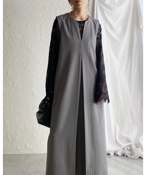 セール】深Vネックフロントタック ロングジャンパースカートワンピース