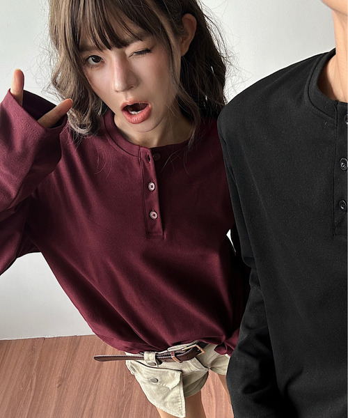 neos(ネオス)の「【neos】ルーズシルエット ヘンリーネック ロングスリーブ Tシャツ ユニセックス(Tシャツ/カットソー・メンズ・ワインレッド/ブラック/チャコールグレー/ホワイト・MEDIUM/X-LARGE/LARGE)」の1枚目の写真