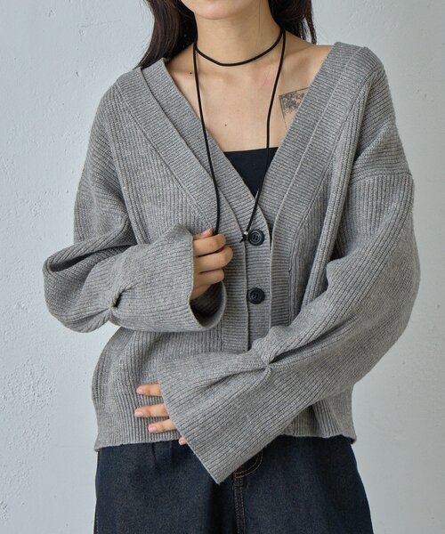 goocy（グーシー）の「7G重ねリブＶネックカーディガン（カーディガン/ボレロ・レディース・ブラック/グレー・FREE）」の2枚目の写真
