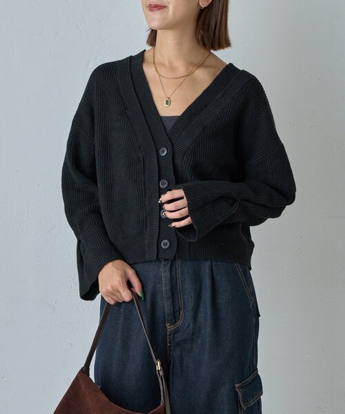 goocy（グーシー）の「7G重ねリブＶネックカーディガン（カーディガン/ボレロ・レディース・ブラック/グレー・FREE）」の3枚目の写真