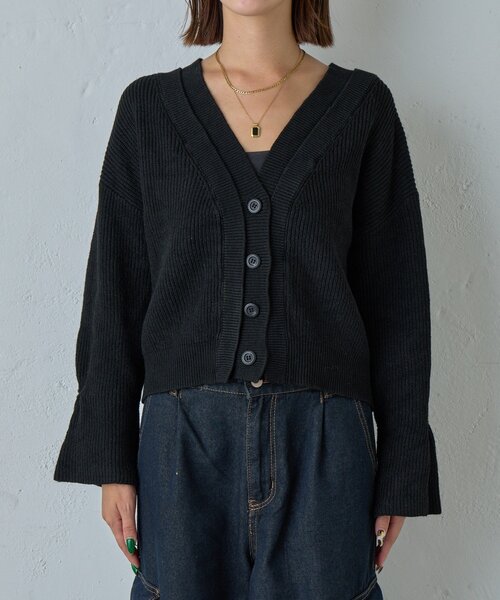 goocy（グーシー）の「7G重ねリブＶネックカーディガン（カーディガン/ボレロ・レディース・ブラック/グレー・FREE）」の12枚目の写真