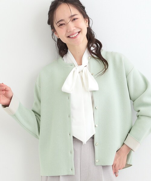 SHOO・LA・RUE（シューラルー）の「【洗濯機可/S-LL】品良くきまる ダブルフェイス 配色カーディガン（カーディガン/ボレロ・レディース・オフホワイト/ライトグリーン/ライトグレー・04/03/02/01）」の3枚目の写真