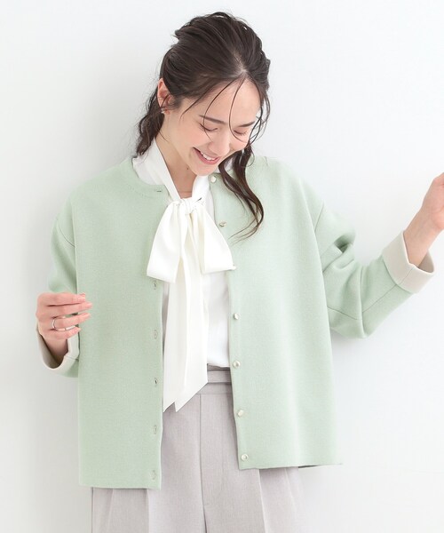 SHOO・LA・RUE（シューラルー）の「【洗濯機可/S-LL】品良くきまる ダブルフェイス 配色カーディガン（カーディガン/ボレロ・レディース・オフホワイト/ライトグリーン/ライトグレー・04/03/02/01）」の13枚目の写真
