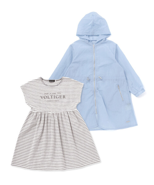 BeBe（ベベ）の「ボーダーギャザーワンピース+シアータフタロングパーカーセット（セットアップ・キッズ・ブルー/ホワイト・150cm/130cm/140cm）」の5枚目の写真