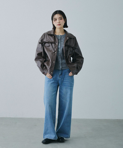 Mirette（ミレット）の「フロントリボンポケット 合成皮革 ブルゾン / Front Ribbon Pocket Jacket（ライダースジャケット・レディース・ブラウン・MEDIUM/SMALL）」の9枚目の写真