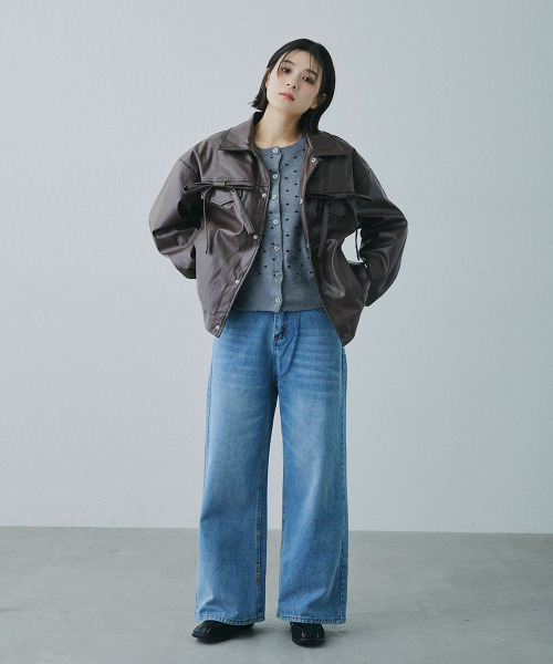 Mirette（ミレット）の「フロントリボンポケット 合成皮革 ブルゾン / Front Ribbon Pocket Jacket（ライダースジャケット・レディース・ブラウン・MEDIUM/SMALL）」の12枚目の写真