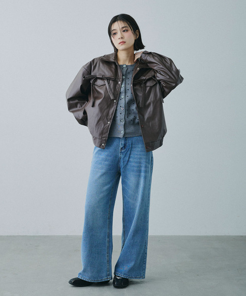 Mirette（ミレット）の「フロントリボンポケット 合成皮革 ブルゾン / Front Ribbon Pocket Jacket（ライダースジャケット・レディース・ブラウン・MEDIUM/SMALL）」の13枚目の写真