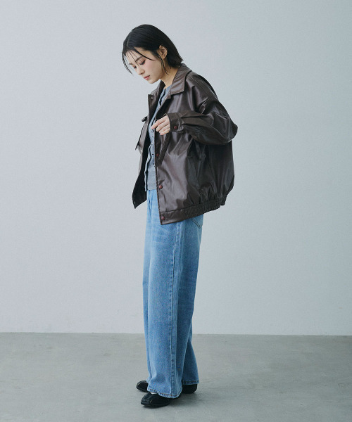Mirette（ミレット）の「フロントリボンポケット 合成皮革 ブルゾン / Front Ribbon Pocket Jacket（ライダースジャケット・レディース・ブラウン・MEDIUM/SMALL）」の14枚目の写真