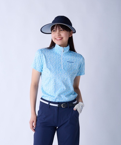marie claire(マリ・クレール)の「【marie claire:マリ.クレール】レディースハーフジップ半袖シャツ 接触冷感 吸汗速乾 ゴルフ(シャツ/ブラウス・レディース・ブルー/イエロー/ピンク・XX-LARGE/X-LARGE/LARGE/MEDIUM)」の6枚目の写真