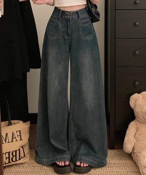 Teem Store(チームストア)の「ダブルボタンハイウエストワイドデニムパンツ(デニムパンツ・レディース・ダークブルー/ブルー/ブラック/チャコール・M/S)」の4枚目の写真