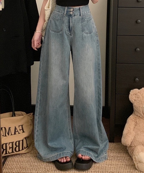 Teem Store(チームストア)の「ダブルボタンハイウエストワイドデニムパンツ(デニムパンツ・レディース・ダークブルー/ブルー/ブラック/チャコール・M/S)」の3枚目の写真