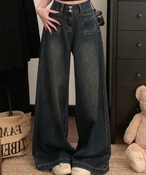 Teem Store(チームストア)の「ダブルボタンハイウエストワイドデニムパンツ(デニムパンツ・レディース・ダークブルー/ブルー/ブラック/チャコール・M/S)」の2枚目の写真
