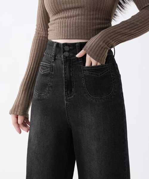 Teem Store(チームストア)の「ダブルボタンハイウエストワイドデニムパンツ(デニムパンツ・レディース・ダークブルー/ブルー/ブラック/チャコール・M/S)」の1枚目の写真