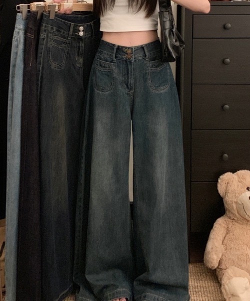 Teem Store(チームストア)の「ダブルボタンハイウエストワイドデニムパンツ(デニムパンツ・レディース・ダークブルー/ブルー/ブラック/チャコール・M/S)」の13枚目の写真