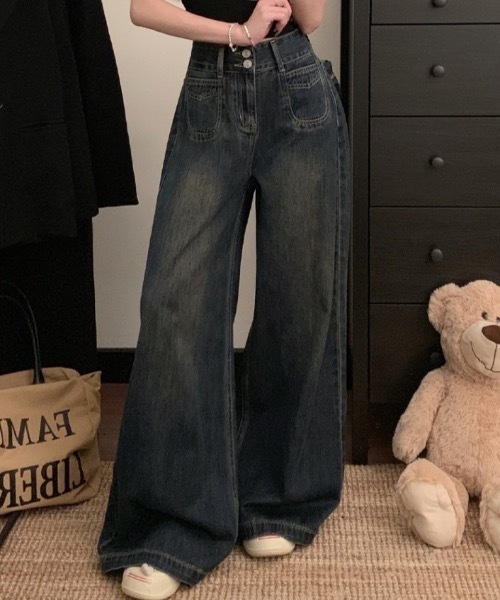 Teem Store(チームストア)の「ダブルボタンハイウエストワイドデニムパンツ(デニムパンツ・レディース・ダークブルー/ブルー/ブラック/チャコール・M/S)」の8枚目の写真