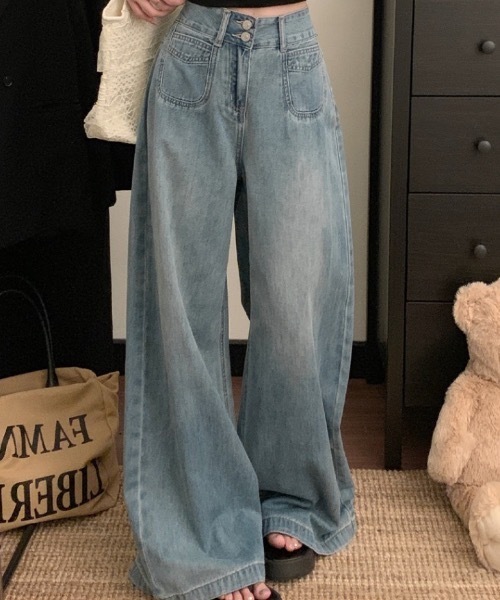 Teem Store(チームストア)の「ダブルボタンハイウエストワイドデニムパンツ(デニムパンツ・レディース・ダークブルー/ブルー/ブラック/チャコール・M/S)」の10枚目の写真