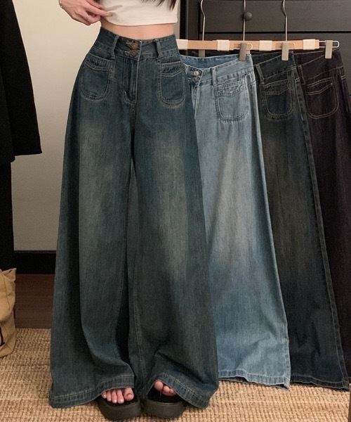 Teem Store(チームストア)の「ダブルボタンハイウエストワイドデニムパンツ(デニムパンツ・レディース・ダークブルー/ブルー/ブラック/チャコール・M/S)」の14枚目の写真