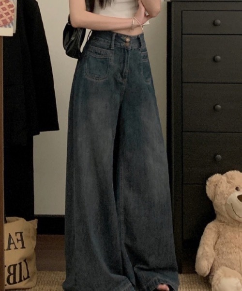Teem Store(チームストア)の「ダブルボタンハイウエストワイドデニムパンツ(デニムパンツ・レディース・ダークブルー/ブルー/ブラック/チャコール・M/S)」の12枚目の写真