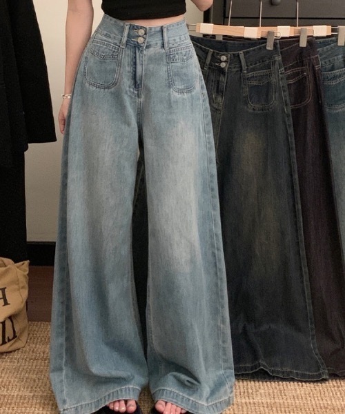 Teem Store(チームストア)の「ダブルボタンハイウエストワイドデニムパンツ(デニムパンツ・レディース・ダークブルー/ブルー/ブラック/チャコール・M/S)」の11枚目の写真