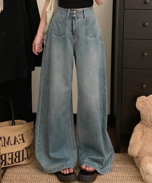 Teem Store(チームストア)の「ダブルボタンハイウエストワイドデニムパンツ(デニムパンツ・レディース・ダークブルー/ブルー/ブラック/チャコール・M/S)」の9枚目の写真