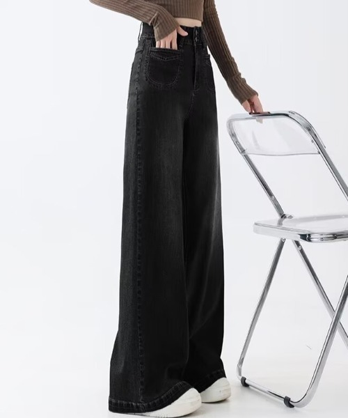 Teem Store(チームストア)の「ダブルボタンハイウエストワイドデニムパンツ(デニムパンツ・レディース・ダークブルー/ブルー/ブラック/チャコール・M/S)」の5枚目の写真