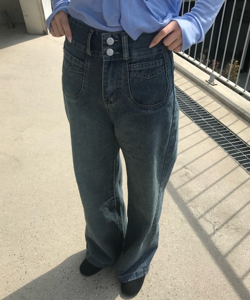 Teem Store(チームストア)の「ダブルボタンハイウエストワイドデニムパンツ(デニムパンツ・レディース・ダークブルー/ブルー/ブラック/チャコール・M/S)」の21枚目の写真