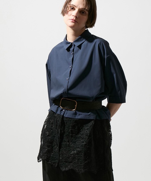 leswel(レスウェル)の「【M/L】エンブロイダリーコンビシャツチュニック(チュニック・レディース・ネイビー/オフホワイト・M/L)」の1枚目の写真