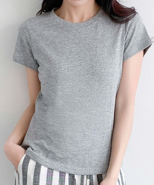 LOWO（ロワ）の「【S/Mサイズ】伸縮スラブ天竺クルーネックTシャツ（Tシャツ/カットソー・レディース・グレー/ブラック/オフホワイト・M/S）」の3枚目の写真
