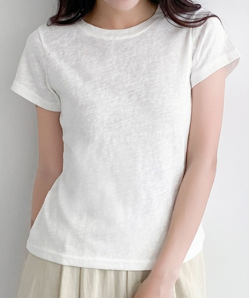 LOWO（ロワ）の「【S/Mサイズ】伸縮スラブ天竺クルーネックTシャツ（Tシャツ/カットソー・レディース・グレー/ブラック/オフホワイト・M/S）」の4枚目の写真