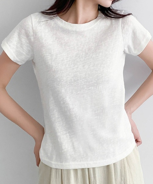 LOWO（ロワ）の「【S/Mサイズ】伸縮スラブ天竺クルーネックTシャツ（Tシャツ/カットソー・レディース・グレー/ブラック/オフホワイト・M/S）」の6枚目の写真